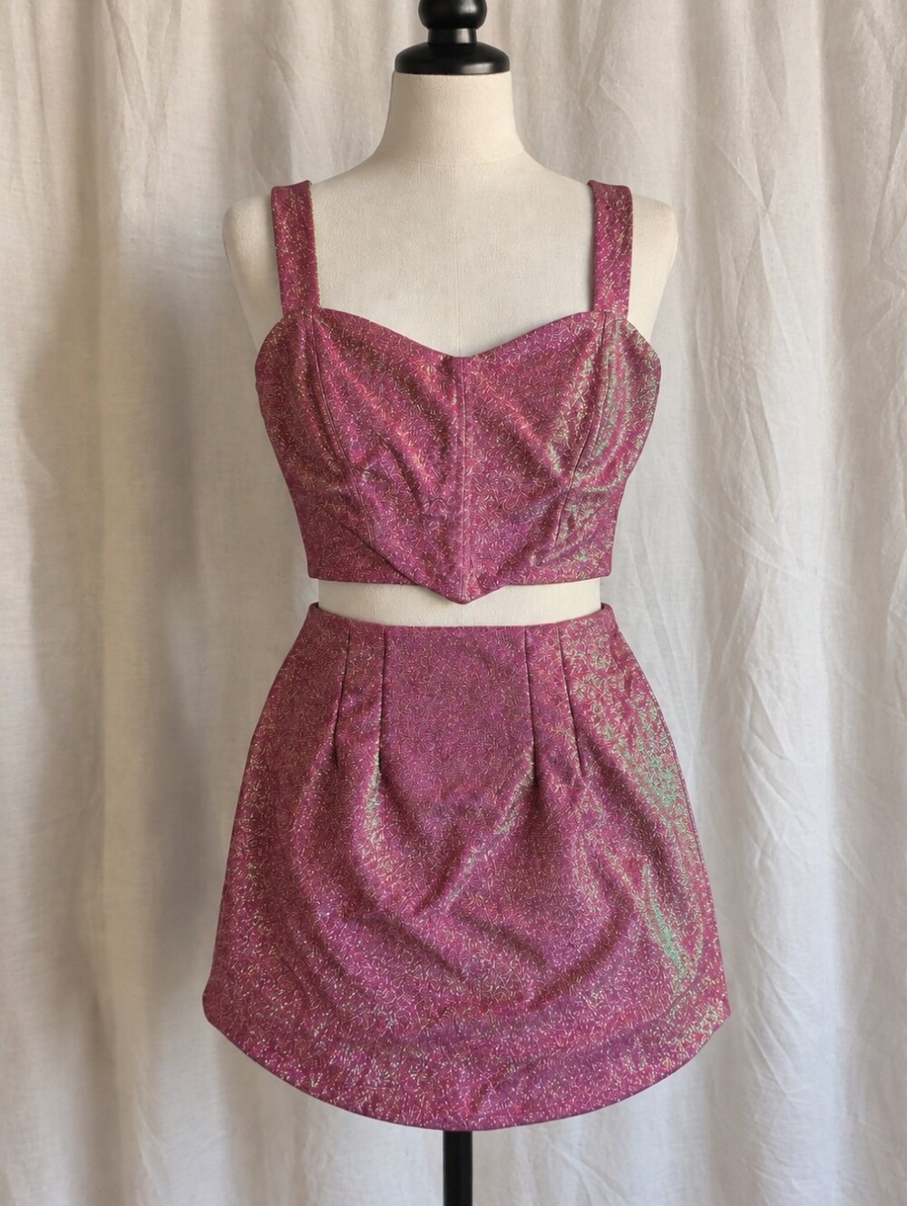 Two Piece Crop Top Mini Skirt Set Thirty/Thirty LA Pink Magenta Glitter Metallic
